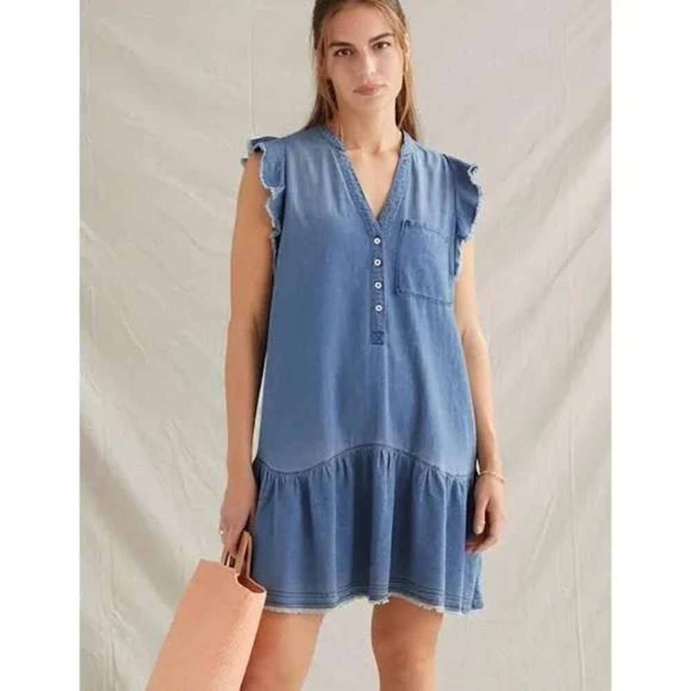 Pilcro by Anthropologie Denim Ruffle Sleeve Tiered Dress Blue V Neck XS